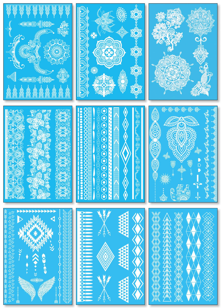 White Temporary Tattoos for Women Teens Girls - 9 Sheets Henna White Lace Fake Tattoos - Tattoo Designs Jewelry Tattoos - 100+ White Flash Fake Waterproof Tattoo Stickers