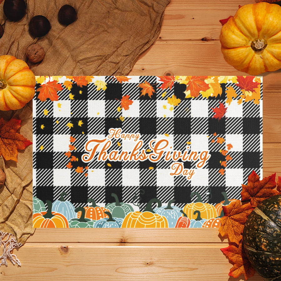 Thanksgiving Placemats Set of 4 Fall Pumpkin Maple Leaves Buffalo Plaid PVC Placemats for Dining Table Waterproof Table Mats Holiday Table Decorations 12 × 18 inch