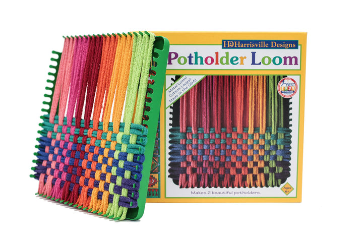 Friendly Loom 7 Potholder Kit Green Metal Loom and Bright Rainbow Color Cotton Loops, Makes 2 Potholders, MADE IN THE USA .