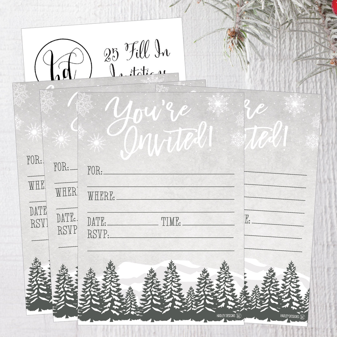 25 Woodland Christmas Holiday Invitations, Snowflake Winter New Years Bridal Or Baby Shower Invite Adult Kids Birthday Invitation Wedding Rehearsal Dinner Invites, Reception Anniversary, Housewarming