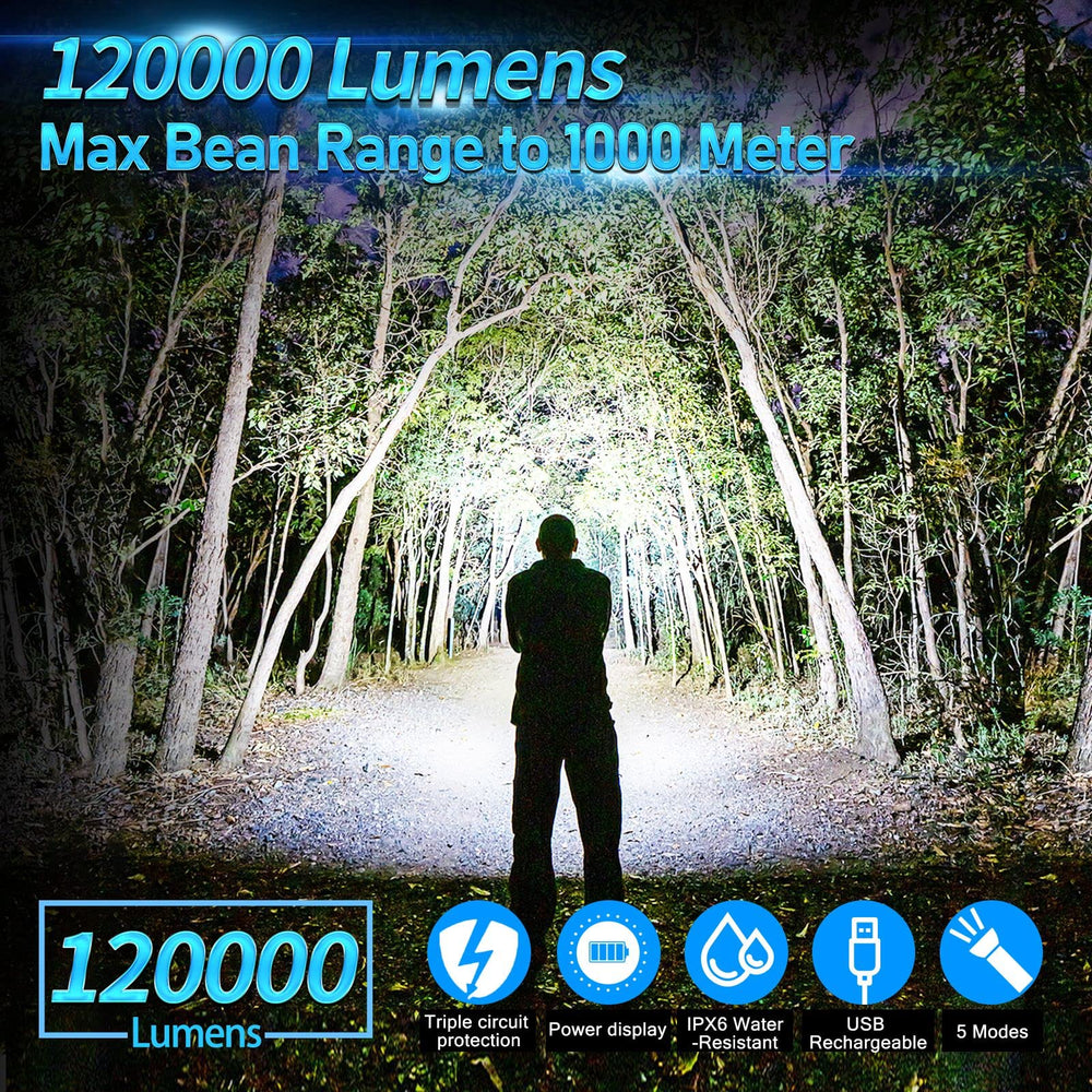 Rechargeable LED Flashlights High Lumens, 120000 Lumen Super Bright Powerful Flashlight, 5 Light Modes, Zoomable, IPX6 Waterproof Flashlights for Outdoor