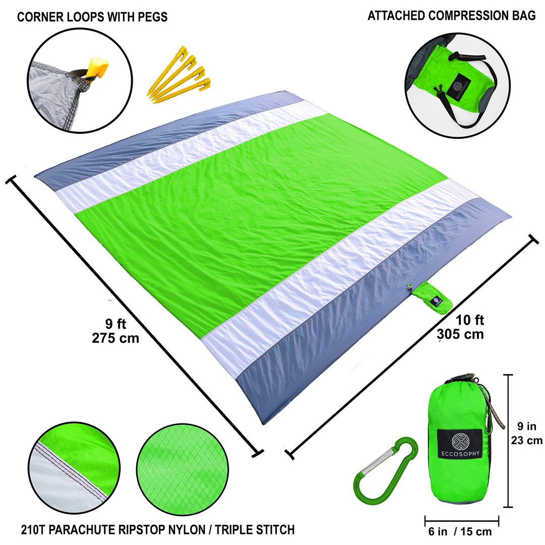 Sandproof Beach Blanket - Oversized Sand Free Beach Mat 9&#39;x10&#39; - Lightweight Outdoor Picnic Blanket Anchored with 4 Corner Sand Pockets &amp; Plastic Stakes - Heat Proof, Quick Drying &amp; Compact