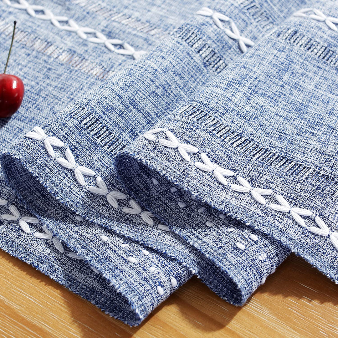 Rustic Farmhouse Style Linen Table Runner, Boho Handmade Tassel Hemstitched Embroidered Table Runners 90 Inches Long for Holiday Party, Dresser and Dining Decorations, 13 x 90 inch - Blue