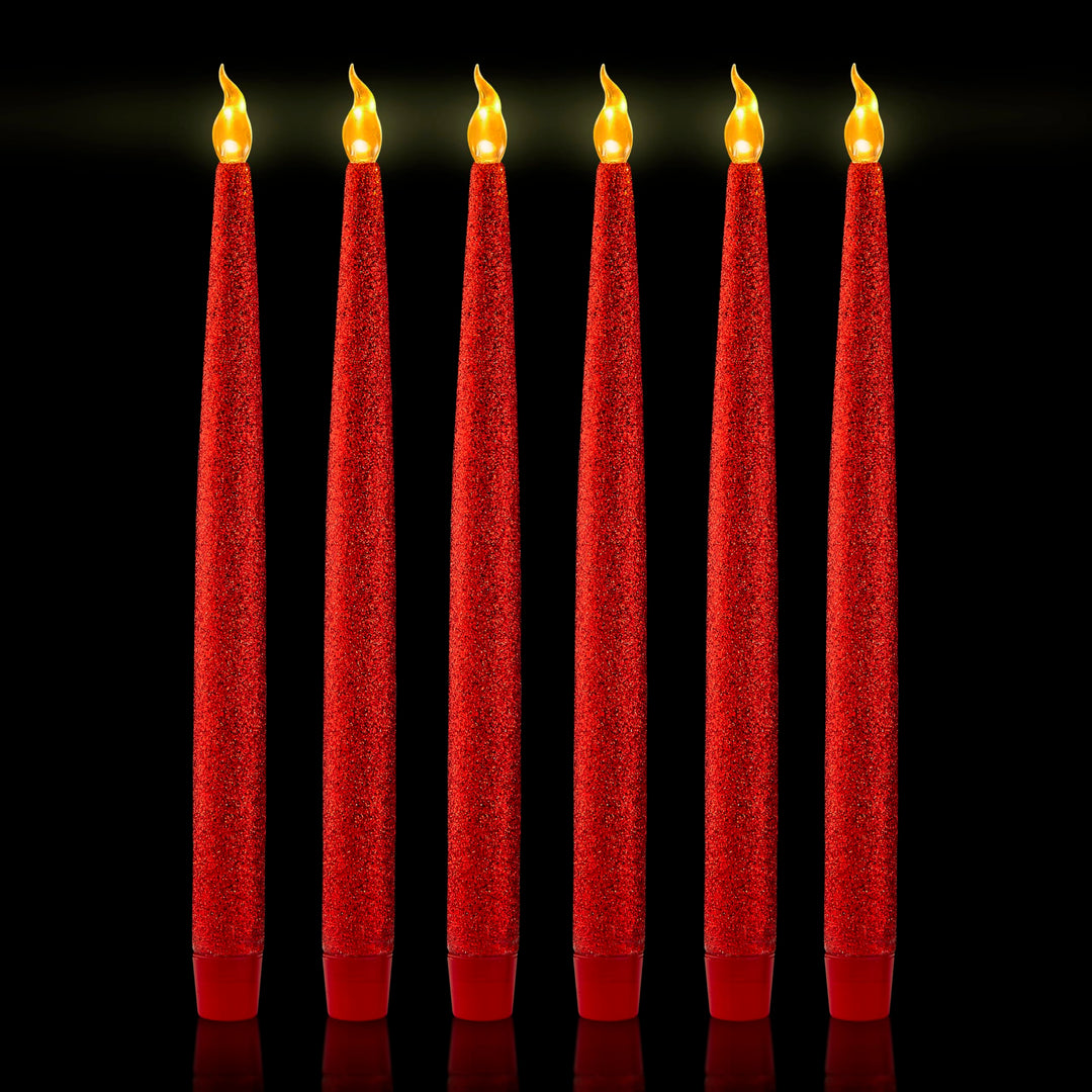Red Glitter LED Candles - Flickering Flameless Taper Candles with 6/18 Hour Timer, Battery Operated for Safety and Elegance, Pack of 6