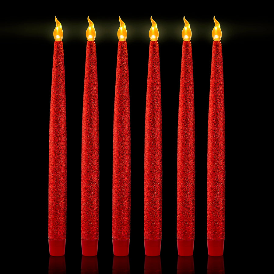 Red Glitter LED Candles - Flickering Flameless Taper Candles with 6/18 Hour Timer, Battery Operated for Safety and Elegance, Pack of 6