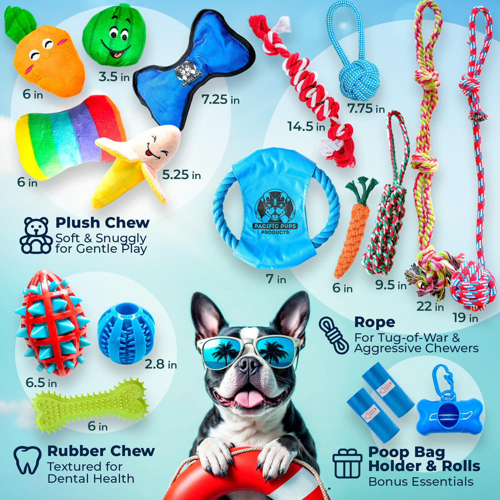 Pacific Pups 18 Piece Bulk Dog Toy Pack - Chew, Plush, and Rope Dog Toys to Keep Them Busy - Puppy Teething Chew Toys, Treat Ball, Squeaky Plushies, Tug of War Ropes, Rubber Chew - Helps Rescue Dogs
