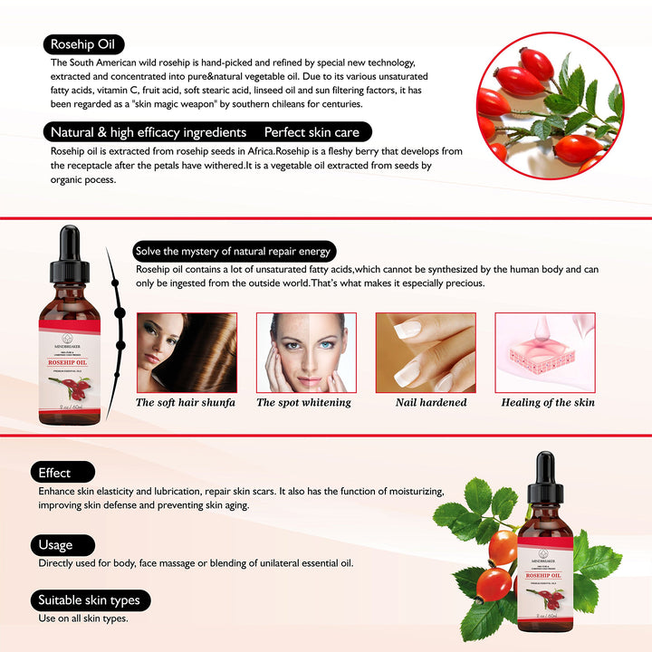 100% Pure Rosehip Seed Oil For Face, Nails, Hair and Skin- 100% Pure Natural Certified Organic - Natural Moisturizer - Cold Pressed Premium Rose Hip Seed Oil - 2 oz