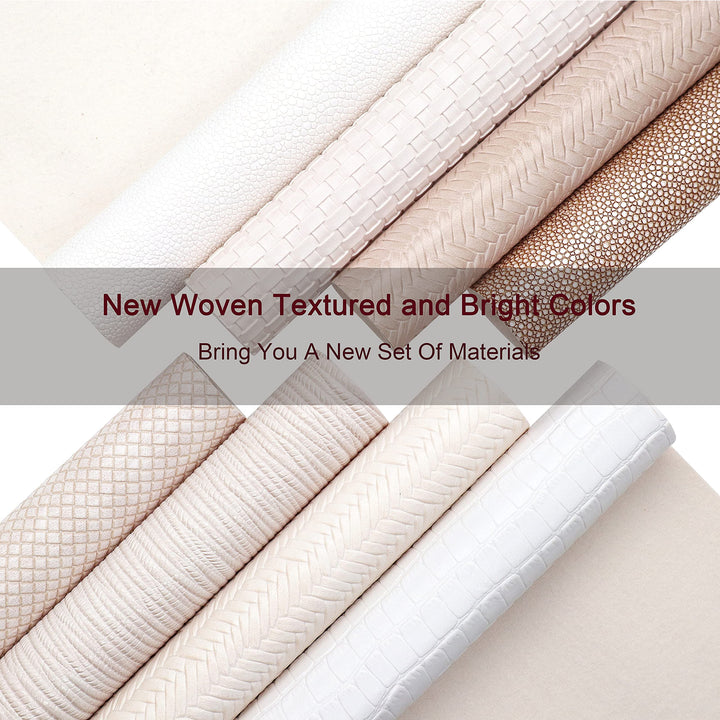 8Pcs/Set Braided Faux Leather Sheets Weave Embossed Textured Beige Series Mixed Woven Lattice Striped Vinyl Fabric A4 8x12 Inch for Making Bohemia Earrings Hair Bow Handbag and DIY Crafts
