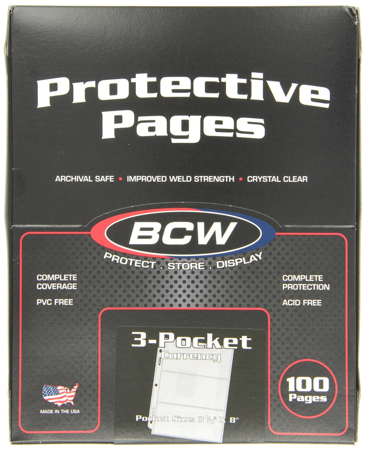 Pro 3-Pocket Currency Page - 100 ct | Archival Quality, Toploader Pockets, High-Clarity Polypropylene | Ideal for 3½x8 Bills | Numismatic Collection Storage and Display | Clear Money Sleeves