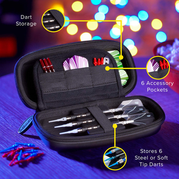 Sentry 6 Dart Case Slim, Holds Extra Accessories, Tips, Shafts and Flights, Compatible with Steel Tip and Soft Tip Darts, Impact &amp; Water Resistant TacTech Shell, Black Zipper