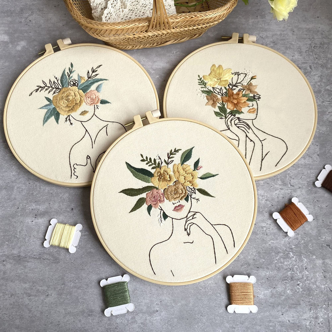 3 in Beginner Embroidery Kit,Floral Plant Pattern,Cross Stitch Kits , Including Stamped Embroidery Cloth with 3 Embroidery Hoops, Color Threads and Embroidery Kits