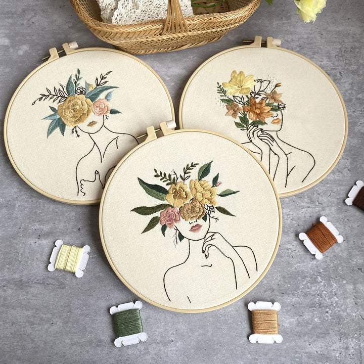 3 in Beginner Embroidery Kit,Floral Plant Pattern,Cross Stitch Kits , Including Stamped Embroidery Cloth with 3 Embroidery Hoops, Color Threads and Embroidery Kits