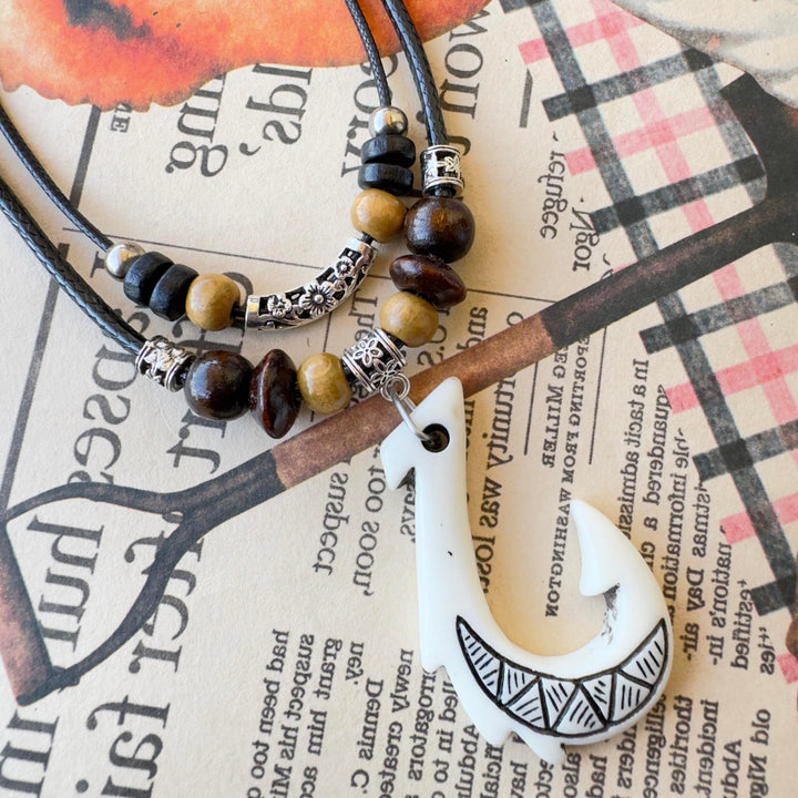 White Hawaiian Fish Hook Pendant Necklace Hemp Cord Chain - Maori Tribal Necklace - Adjustable Black Cord