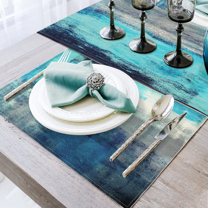 Modern Art Table Runner with 4 Placemats, Turquoise and Grey Abstract Waterproof Linen Table Runners Placemats Set for Dining Table Heat Resistant Set