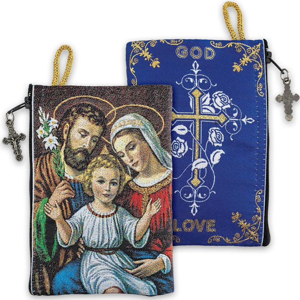 Catholic Rosary Pouch, Holy Family & God is Love, 4 x 6 Jewelry & Coin Purse with Cross, Small Woven Tapestry Icon Bag, Bolsa de Rosario Católico para Joyería