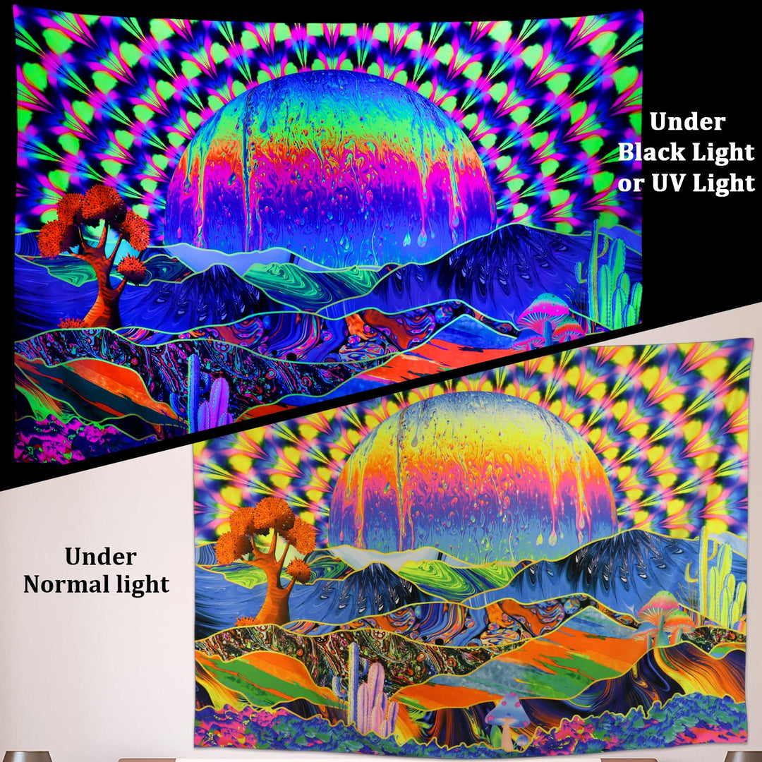 Blacklight Tapestry Planet and Mountains Trippy Tapestry UV Reactive Neon Tapestries Wall Hanging Tapestry for Living Room Dorm Decor W78×H59