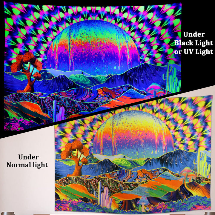 Blacklight Tapestry Planet and Mountains Trippy Tapestry UV Reactive Neon Tapestries Wall Hanging Tapestry for Living Room Dorm Decor W78×H59