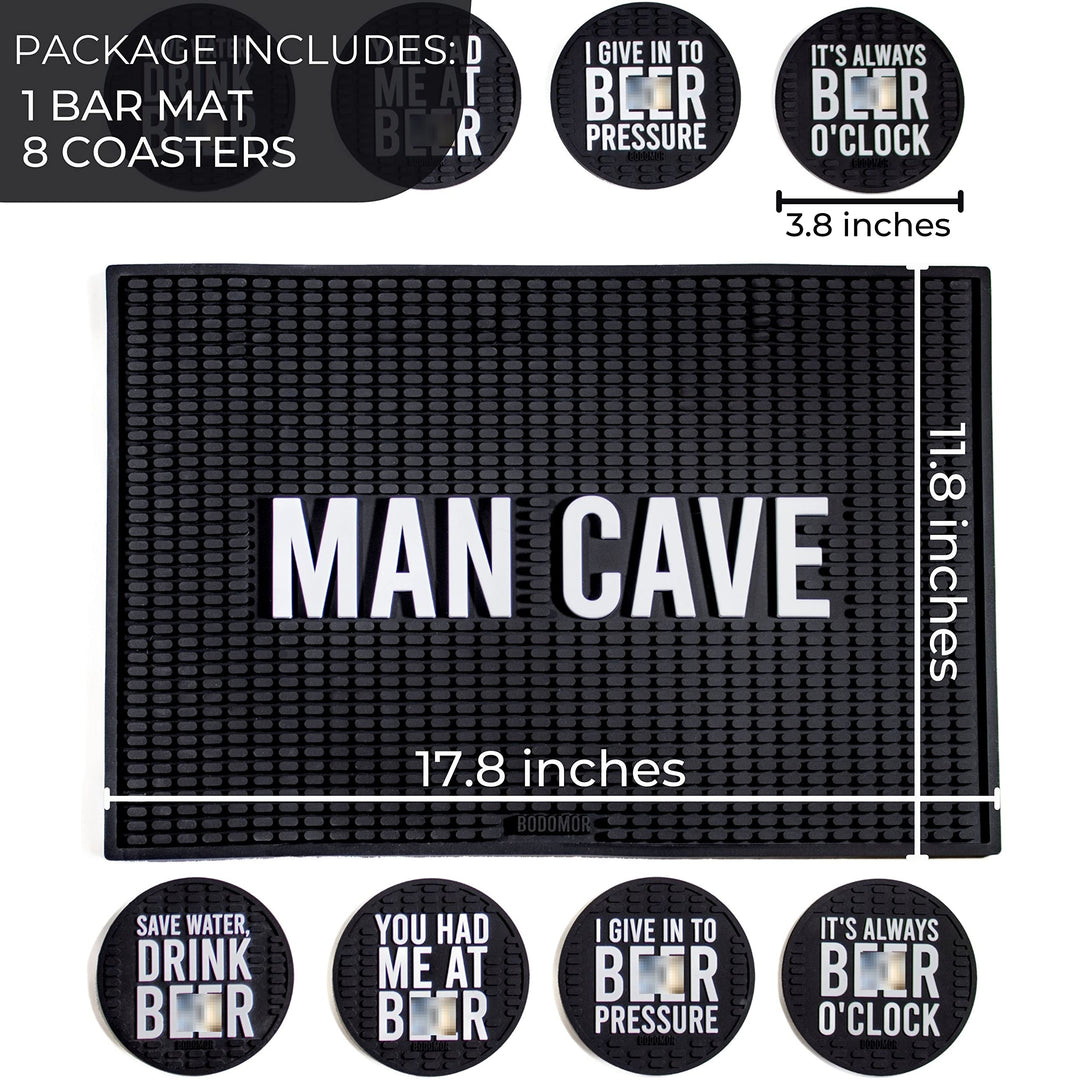 Bodomor Bar Mat &amp; 8 Funny Coasters for Drinks - Coffee Maker Mat &amp; Cup Coasters Set 17.8x11.8 Rubber Drying Mat with Coasters Man Cave Decor (Black)