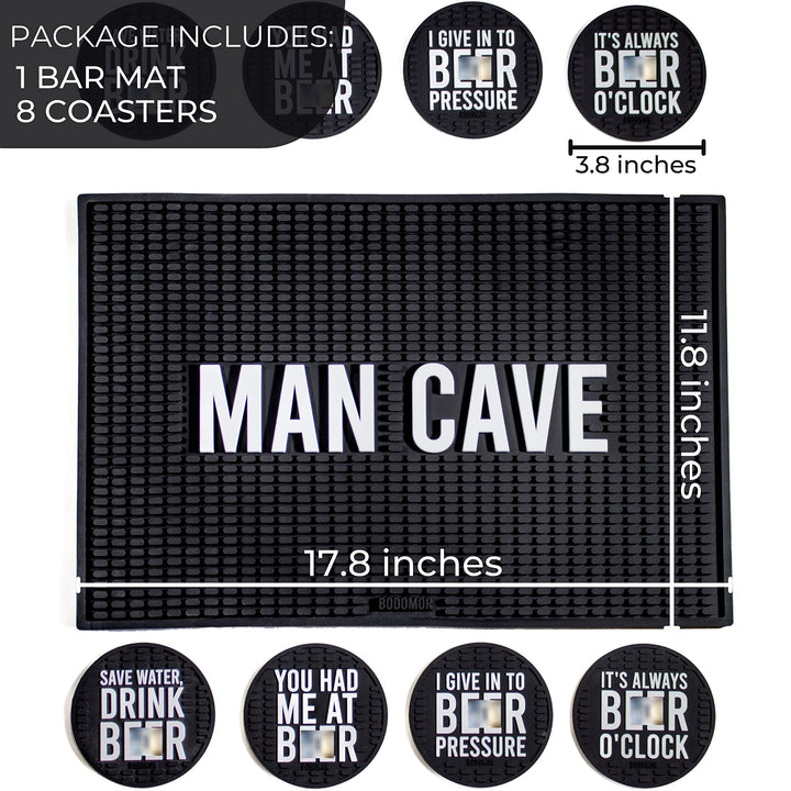 Bodomor Bar Mat &amp; 8 Funny Coasters for Drinks - Coffee Maker Mat &amp; Cup Coasters Set 17.8x11.8 Rubber Drying Mat with Coasters Man Cave Decor (Black)