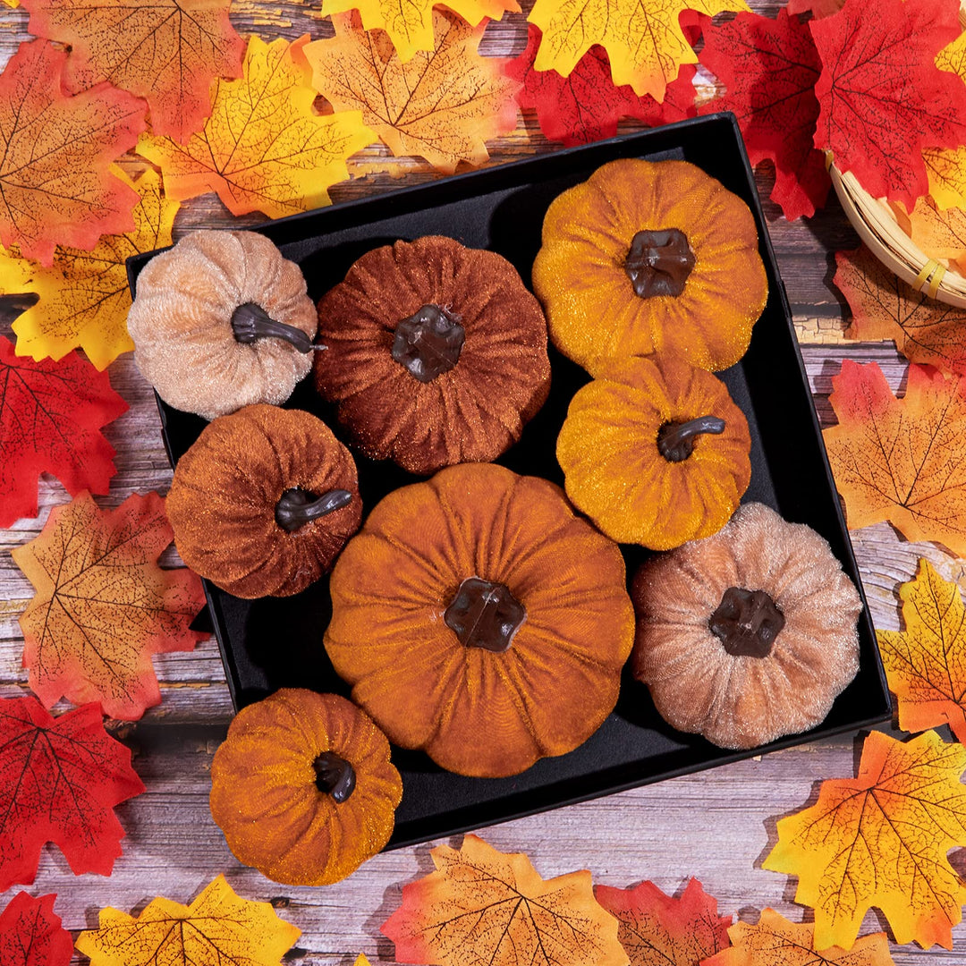 12Pcs Fall Artificial Pumpkins 3 Sizes Fake Velvet Pumpkin Orange Brown Khaki Small Foam Pumpkin Autumn Table Centerpiece for Fall Harvest Thanksgiving Halloween Party Decoration