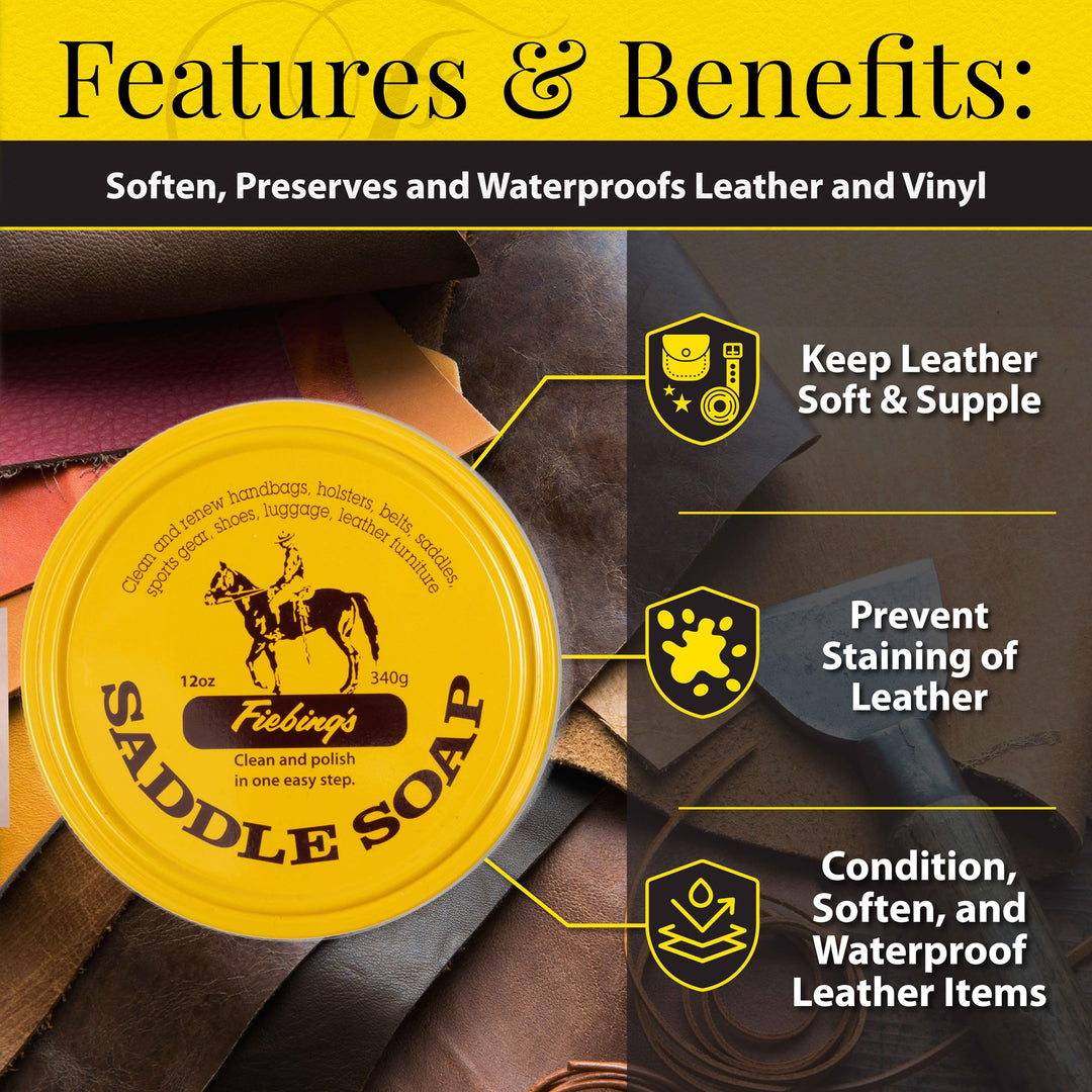 Fiebing&#39;s Yellow Saddle Soap for Leather (12 oz Tin) - Leather Cleaner &amp; Conditioner to Soften, Protect &amp; Restore Leathercraft - Leather Soap for Car Seat, Couch, Shoe, Purse, Boot, Bag, &amp; Saddles