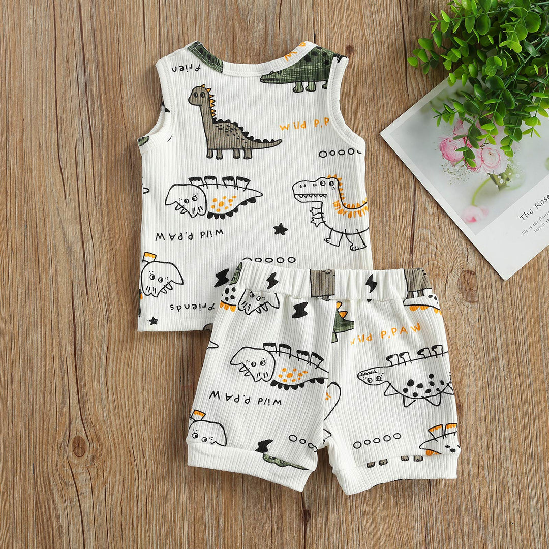 2pcs Summer Newborn Baby Boy Clothes Cute Dinosaur Letter Print Ribbed Sleeveless Tops Shorts Infant Boy Outfit Set