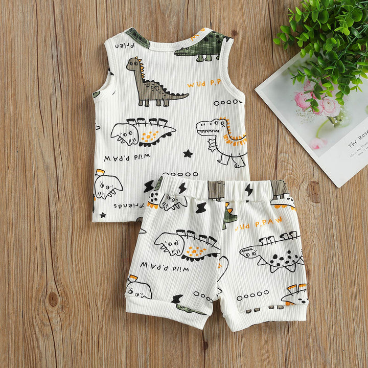 2pcs Summer Newborn Baby Boy Clothes Cute Dinosaur Letter Print Ribbed Sleeveless Tops Shorts Infant Boy Outfit Set