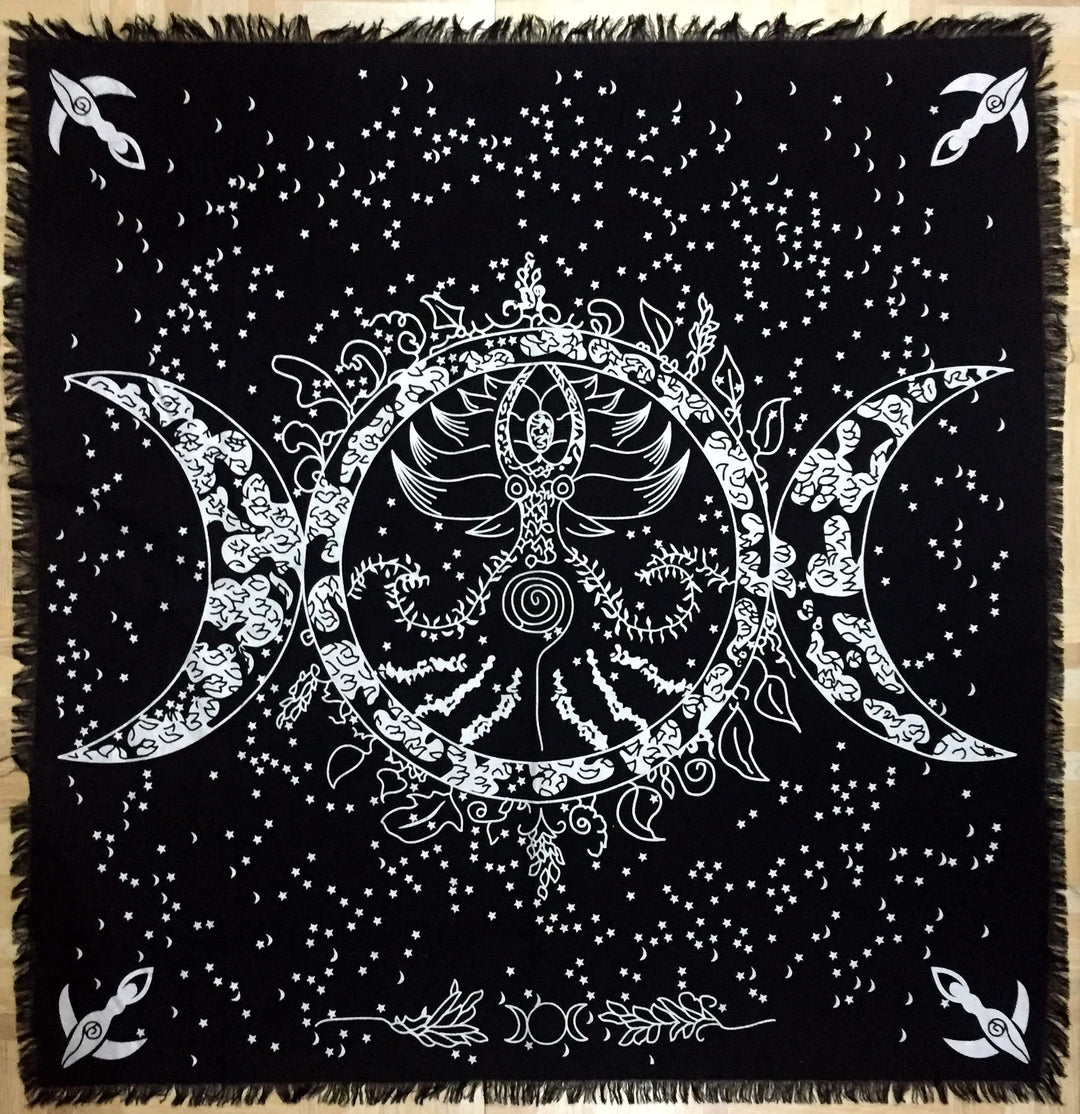 Altar Cloth Triple Moon Goddess Silver Witchcraft Alter Tarot Spread Top Cloth Wiccan Square Spiritual 24 by 24 Sacred Cloth (Triple Moon Goddess Silver Gold)