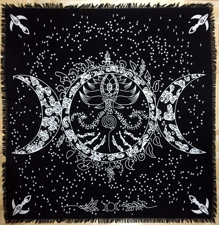 Altar Cloth Triple Moon Goddess Silver Witchcraft Alter Tarot Spread Top Cloth Wiccan Square Spiritual 24 by 24 Sacred Cloth (Triple Moon Goddess Silver Gold)