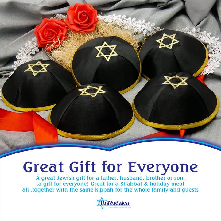 Pack of 5-Pcs Hq 20cm Satin Kippah with Silver/Gold String+Star of David for Men &amp; Boys, Yamaka Hat from Israel, Kippot Bulk (Blue Silver)