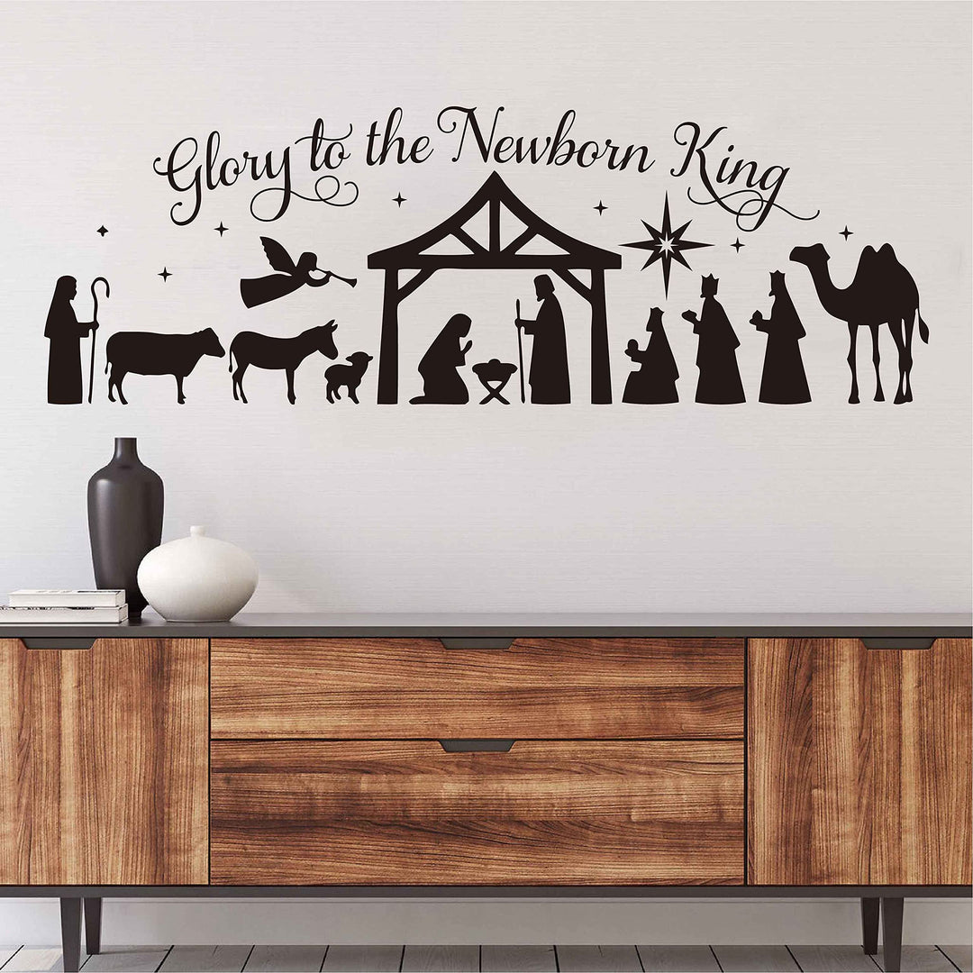 Merry Christmas Wall Stickers Glory to The Newborn King Nativity Scene DIY Christmas Holiday Decoration LL2421 (Black)
