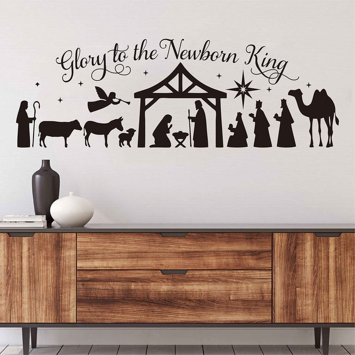 Merry Christmas Wall Stickers Glory to The Newborn King Nativity Scene DIY Christmas Holiday Decoration LL2421 (Black)