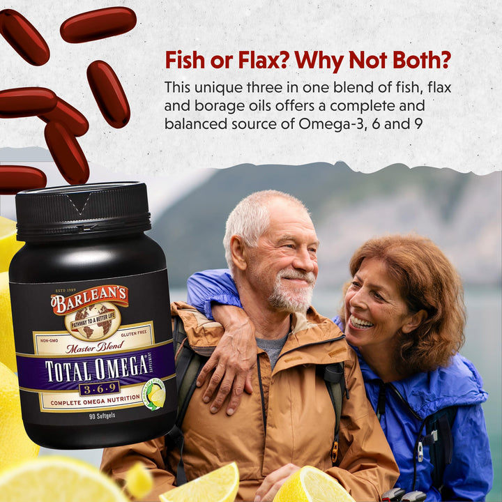 Barlean&#39;s Total Omega 3 6 9 Softgels, Blended Fish Oil Supplement with Borage and Flaxseed Oil, 1,000 mg Omegas ALA, EPA, DHA and GLA for Joint Support Supplements and Heart Health, 90 Count