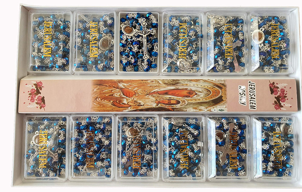 Deep Blue Crowned Catholic Crystal Rosary Necklace in gift Box