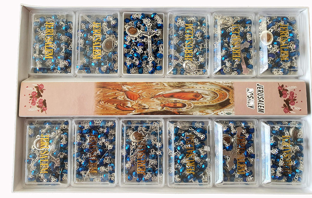 Deep Blue Crowned Catholic Crystal Rosary Necklace in gift Box