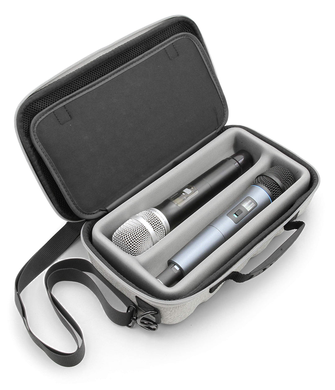 Dual Wireless Microphone Case for Wireless Mic System Compatible with Sennhesier, Shure Microphones and More, Dual Mic Bag with Shoulder Strap and Hard Shell Gray Exterior