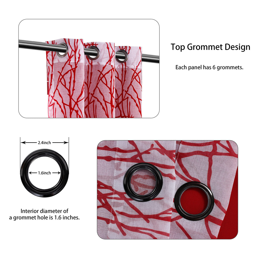 Mix and Match Curtains - 2 Pieces Branch Print Sheer Curtains and 2 Pieces Blackout Curtains for Bedroom Living Room Grommet Window Drapes, 37x63 Inch/Panel, Red, Set of 4 Panels
