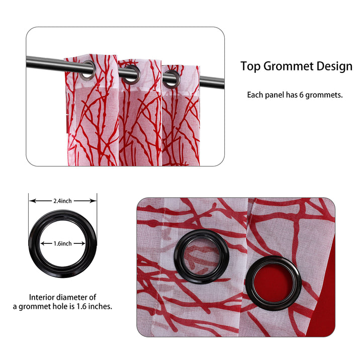 Mix and Match Curtains - 2 Pieces Branch Print Sheer Curtains and 2 Pieces Blackout Curtains for Bedroom Living Room Grommet Window Drapes, 37x63 Inch/Panel, Red, Set of 4 Panels