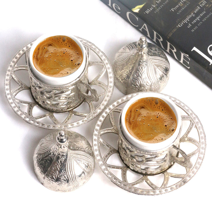 Kuchengerate 2pcs Turkish Greek Arabic Moroccan Coffee Cups - Espresso Cup with Inner Porcelain Metal Holder Plate and Lid - 2 Cups Consists of 8 Pcs (Z-Silver)