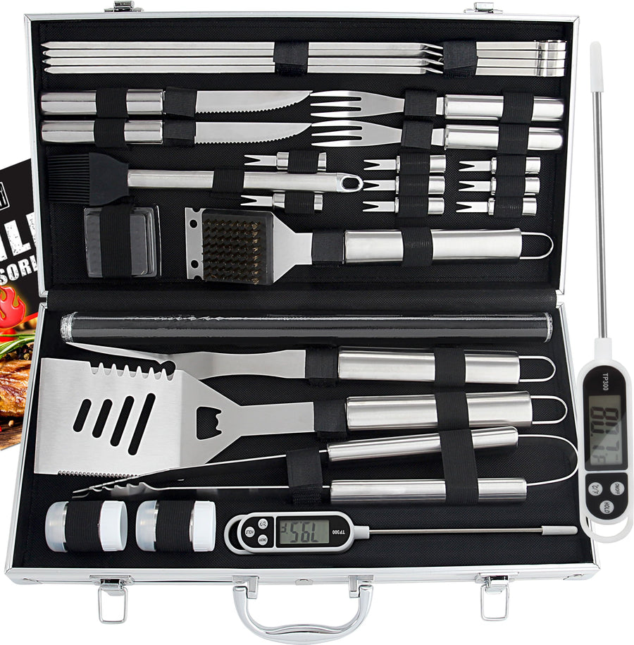 28pc BBQ Accessories Set with Thermometer - The Very Best Grill Gift on Birthday Wedding - Heavy Duty Stainless Steel Grill Set in Case for Outdoor Cooking Camping Grilling Smoking