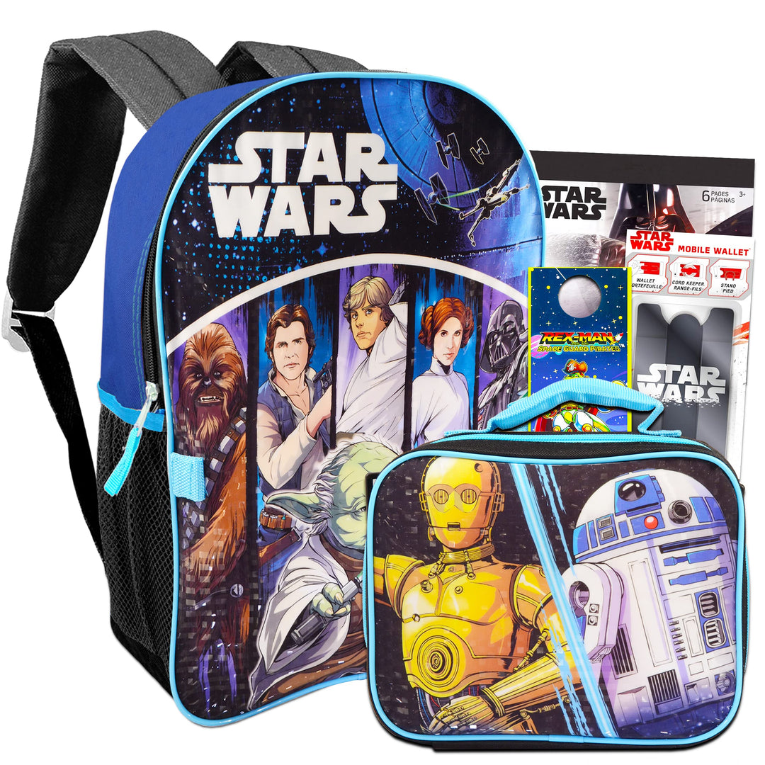 Star Wars Backpack with Lunchbox Set for Boys Kids ~ 3 Pc Bundle with Deluxe 16 Classic Star Wars Backpack, Insulated Lunch Bag, And Stickers (Star Wars School Supplies)