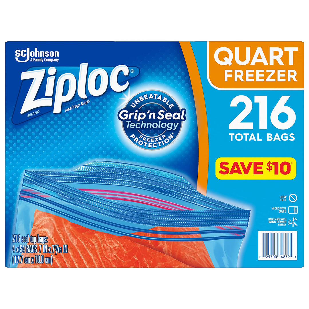 Double Zipper Quart Freezer Bags, 216 Count