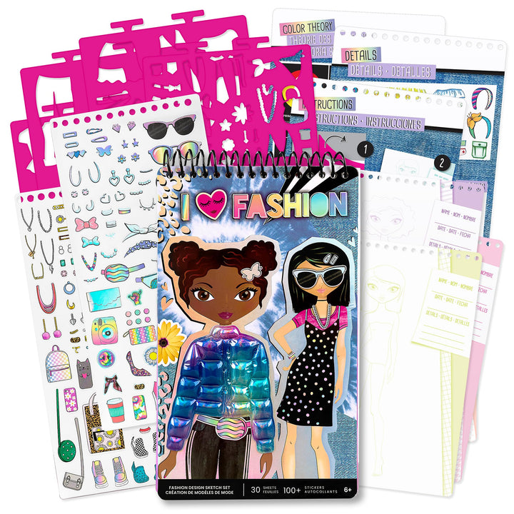 Fashion Design Sketch Kit - Compact Portfolio Sketchbook for Girls, Fashion Coloring Book for Kids Ages 6+ and Up, Comes with Stencils and Stickers