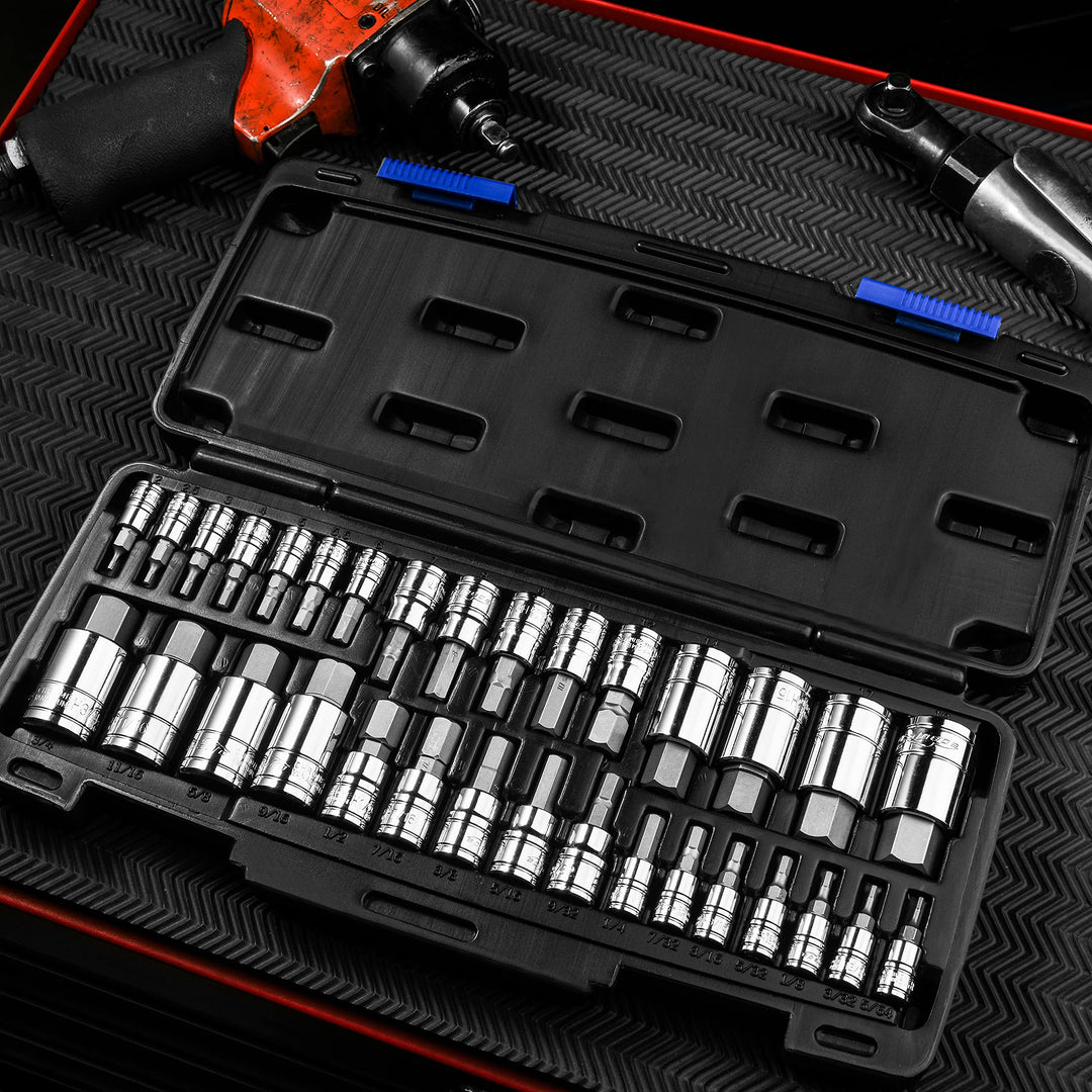 32 PCs Hex Bit Socket Set, SAE and Metric, S2 &amp; Cr-V Steel