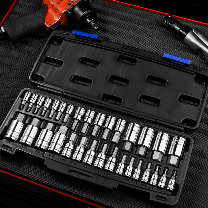 32 PCs Hex Bit Socket Set, SAE and Metric, S2 &amp; Cr-V Steel