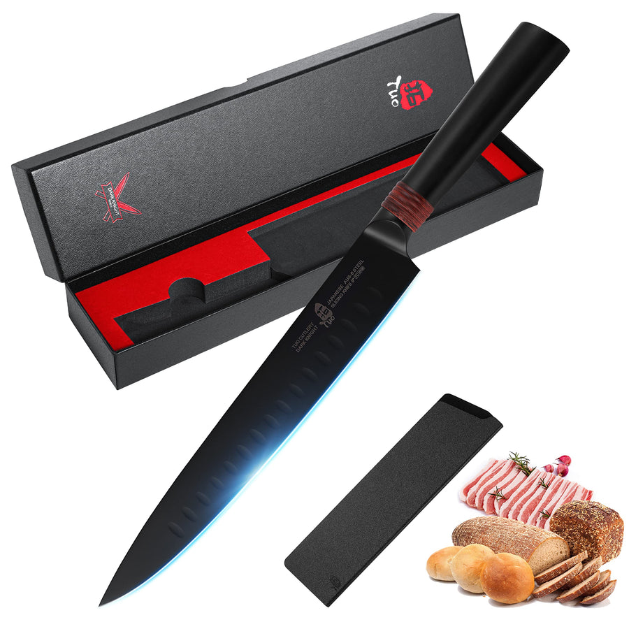 Slicing Knife 9 - Ultra Sharp Granton BBQ Carving Knives - HC Japanese AUS-8 Stainless Steel - Comfortable Pakkawood Handle with Sheath & Luxurious Gift Box - Dark Knight Series