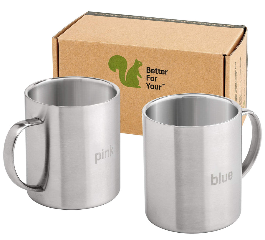 Stainless Steel Coffee Mugs - Premium Wider Handle 'BLUE' & 'PINK' Laser Engraved Coffee Cups - Perfect for the Home Camping RV 13.5 oz Shatterproof Dishwasher Safe (Set of 2)