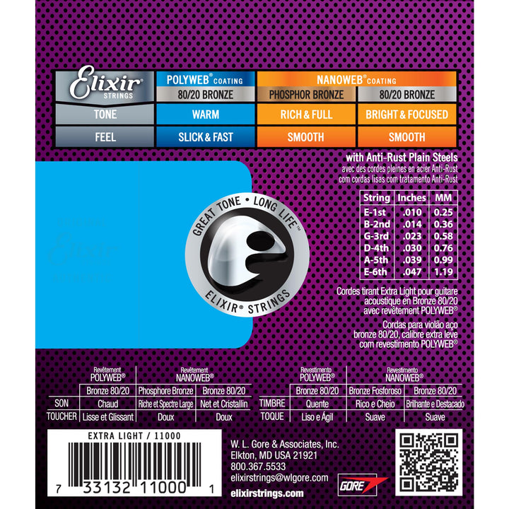 Strings, Acoustic Guitar Strings, 80/20 Bronze with POLYWEB Coating, Longest-Lasting Warm Tone with Comfortable Feel, 6 String Set, Extra Light 10-47