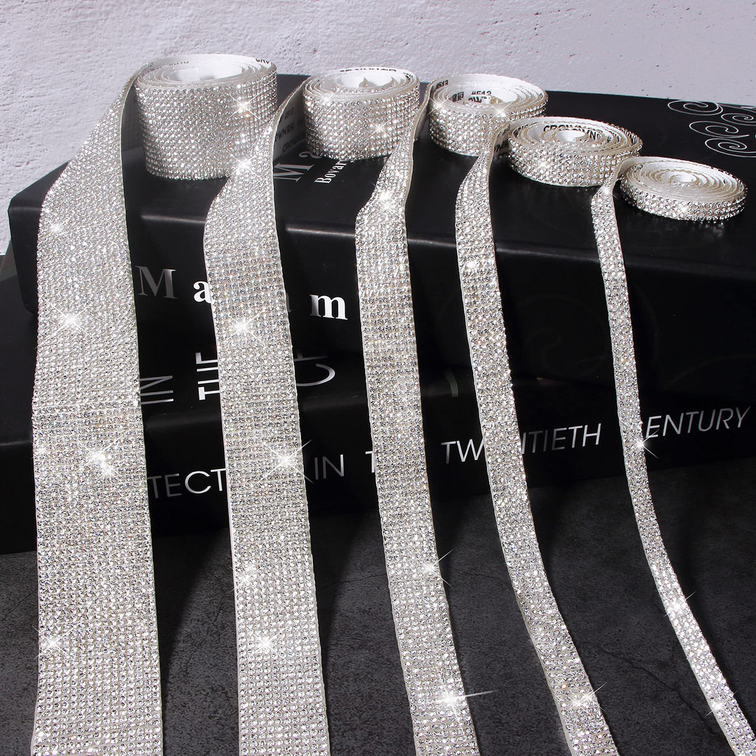 5 Rolls Self Adhesive Bling Wrap Crystal Rhinestone Strips Diamond Ribbon,Rhinestones for Crafts,Diamond Stickers Silver Rhinestone Ribbon Use for Decoration (Silver/5 Sizes/Total 5Yards)