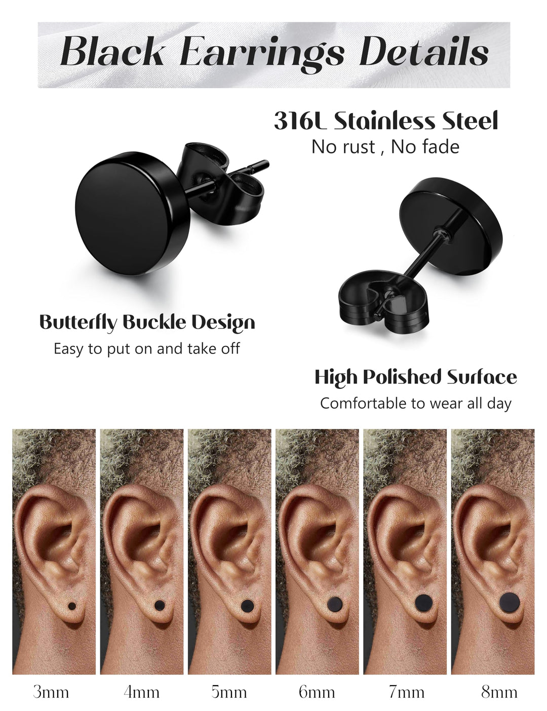 Stainless Steel Black Stud Earrings for Men Women, 8mm